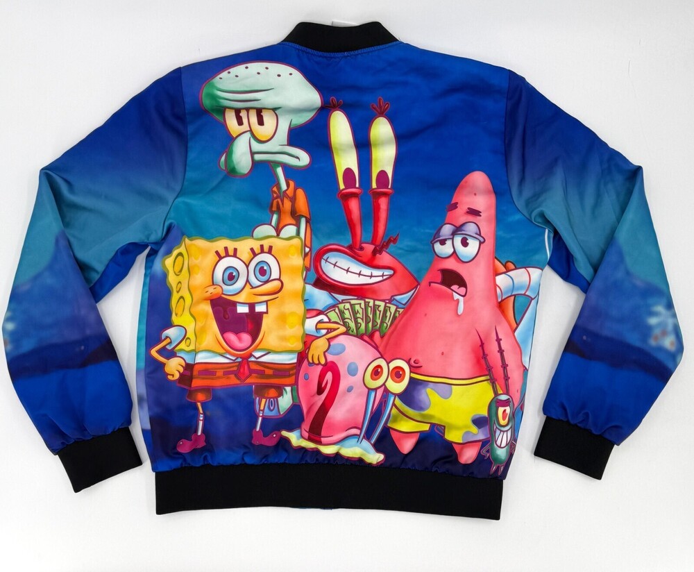 SpongeBob SquarePants Bomber Jacket Mens Medium Blue Snap Button Nickelodeon